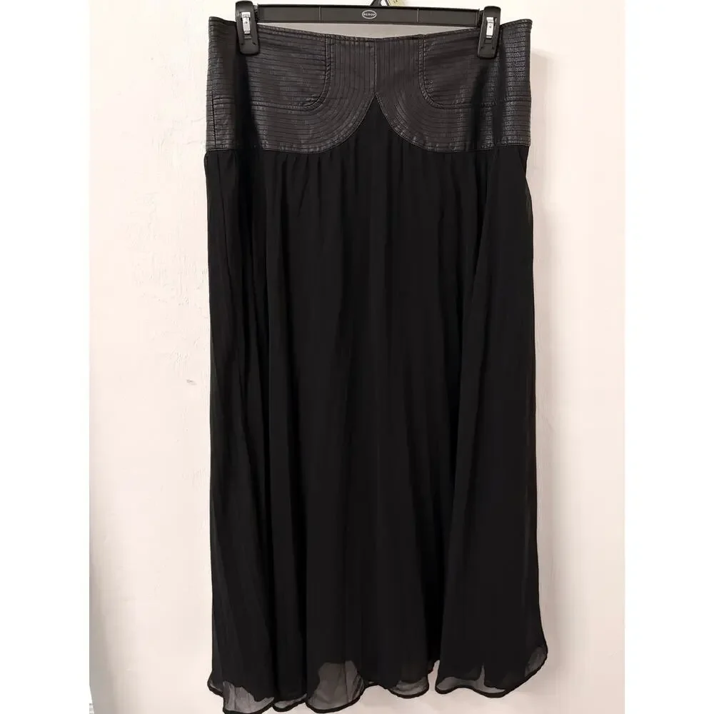 By Anthropologie Black Maxi Skirt 16 Faux Leather Yoke Goth Sheer Flowy